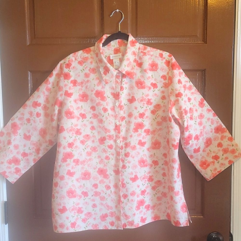 Liz Claiborne- Linen collared print 3/4 sleeves. XL. Beige & pink.